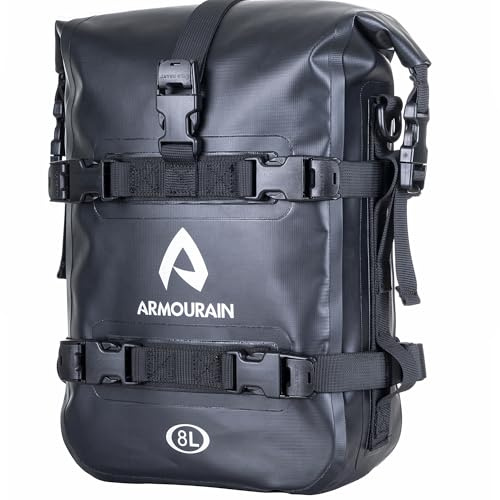 ARMOURAIN Motorrad Stoßstangen Seitentasche Tasche Wasserdicht 6L/8L/15L Motor Sturzbügel Seitentaschen mit Schultergurt Motorräder Seitenrahmen Seitenkoffer Reiten (PVC Schwarz, 8L)