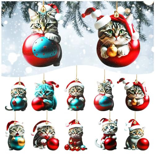 10 Stück Weihnachtsbaum Katzen Anhänger, Christbaum Novelty Festive Hanging Cartoon Katze Deko, 2D Acryl Weihnachtskatze Hängende Deko Niedliche Katze Anhänger Deko Weihnachtsanhänger Deko Geschenk