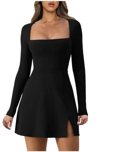 Bcenoilua Womens Square Neck Bodice Short Dress Long Sleeve Sexy Side Slit Flare Mini Dressess Stretch Solid Colour Bodycon Dress Black