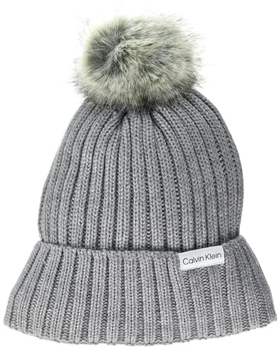 Calvin Klein Damen Warm Fleece Lined Faux Fur Pom Hat Winter-Hut, Meliert, Mittelgrau, Einheitsgröße