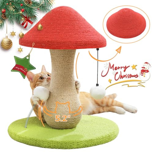 PETEPELA Pilz Katzenkratzbaum, Katzenkratzbaum Niedlich mit 100% Sisal überzogenem Kratzbaum & Pompons Spielzeug, Pilz Katzenbaum für Indoor Katzen