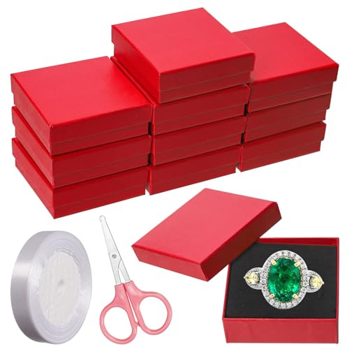 Swpeet 12Pcs Red 3.5×3.5×1 Zoll Karton Schmuck Geschenk Boxen mit Schere und Polyester Band, Halskette Ohrring Armband Boxen Geschenk Fall Ideal für Schmuck Lagerung Verpackung Display