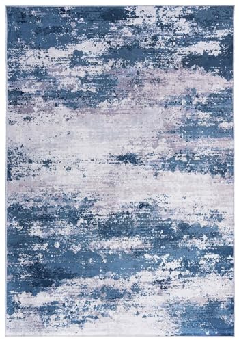 Mazovia Modern Teppich - Abstraktes Vintage Designer Teppich - Waschbar rutschfest Kurzflor - Weich Teppich für Wohnzimmer - Fußbodenheizung geeignet - Blau Grau 120 x 170 cm