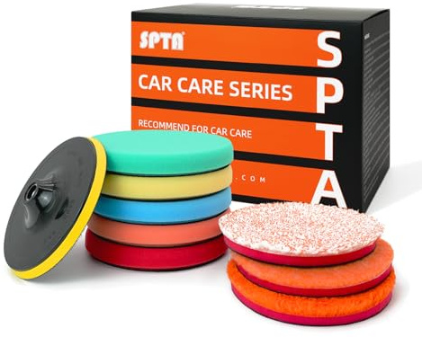 SPTA 9Pcs Polishing Pads Kit, 7 Inches Large Size Buffing Pads, Car Foam Buffing Sponge Pads Kit with 5/8-11 Backing Plate for Car Care Polisher Boat Waxing, Polishing, Sealing Glaze