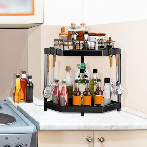 QWORK® Porta Spezie per Cucina, 2 Livelli Scaffale da Cucina ad Angolo, Scaffale ad Angolo da Cucina Portaspezie per Bottiglie di Spezie, Articoli da toeletta, Tazze