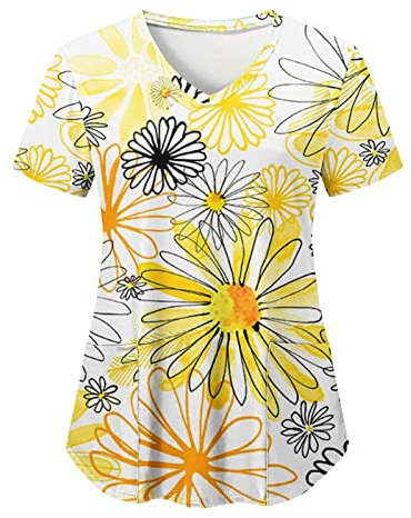 Kasacks Damen Pflege, Schlupfkasack Damen Kurzarm - Kasack Damen Berufskleidung T Shirt V Ausschnitt mit Taschen Elegant Blumen Druck Krankenpflege Altenpflege Pflegekasack Schlupf-Kasack