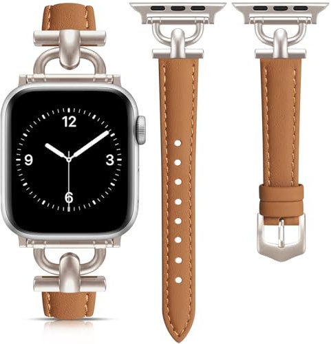 mxiixnai Leather Strap Compatible with Apple Watch Straps 44mm 45mm 49mm 46mm 42mm Women, Slim Thin Leather Replacement Strap for iWatch Bands Series 10 9 8 7 6 5 4 3 2 1 SE Ultra 2,Brown/Starlight