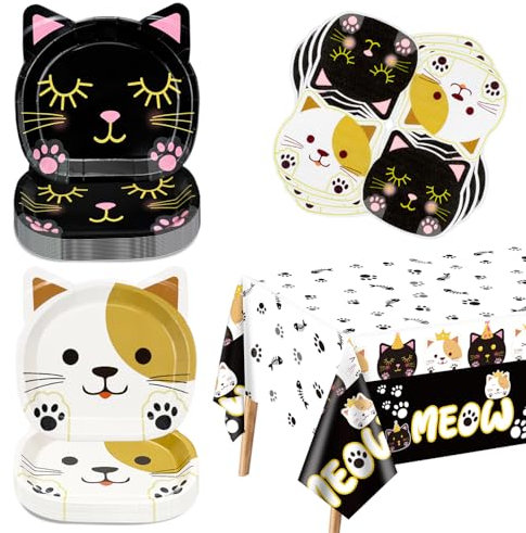 XJLANTTE Lot de 61 décorations de fête d'anniversaire en forme de chat - Assiettes, serviettes et nappe MEOW pour fête à thème de chat - Blanc/Noir