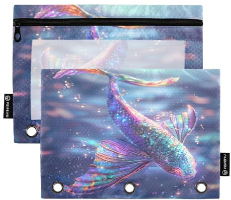 Mnsruu Bling Sea Fish Federmäppchen mit 3 Ringen, mit Reißverschluss, transparentes Fenster, Schreibwarentasche zur Aufbewahrung von Schul- und Bürobedarf, 2 Stück, mehrfarbig, Einheitsgröße,