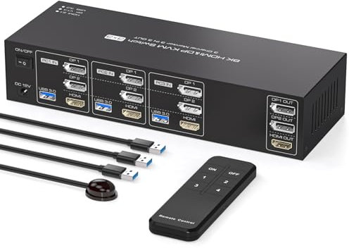 PVBCTCSID HDMI+2 Displayport KVM Switch 3 PC 3 Monitore 8K60Hz 4K144Hz USB 3.0 DP 1.4 KVM Switch 3 PC Umschalter 3 In 3 Out Unterstützt Den Erweiterungsmodus Mit IR Fernbedienung und 3 USB3.0 Kabeln