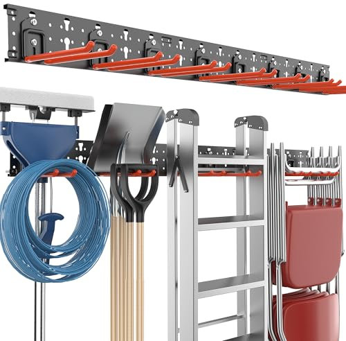 EVERHANGER Wandhalterung für Garagen-Werkzeug, vielseitiges Gartenwerkzeugregal, Klappstuhl-Aufhänger mit 8 multifunktionalen Haken, maximale Traglast 150 kg, 121,9 cm