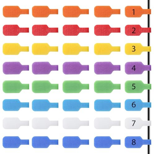 APOMOONS 40 Stück Kabeletiketten Kabel Klett, 8 Farben Wiederverwendbar Kabel Beschriftung, Beschreibbare Kabelbeschriftung Clip, Wasserdicht Kabelmarkierung Identifizieren von Kabeln und Drähten