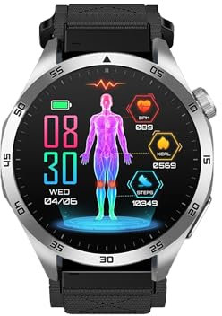 Knauermann PRO 3 Fan Edition rund (2025) Silber, Gesundheitsuhr Smartwatch mit Telefoniefunktion, EKG Plus HRV und SOS Funktion, BT Bluetooth, Schlafapnoe, Klett Schwarz, 14-24