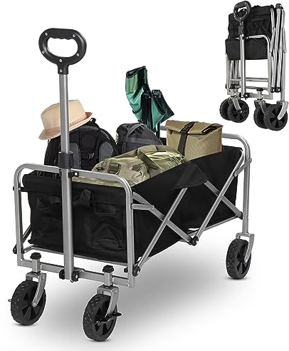 LEADZM Chariot Pliable, Chariot à roulettes avec Jusqu’à 100KG | Petit et léger, Tissu Oxford imperméable et cadre en acier, pour Transport, Extérieur Camping, Jardin, Festival, Noir argenté
