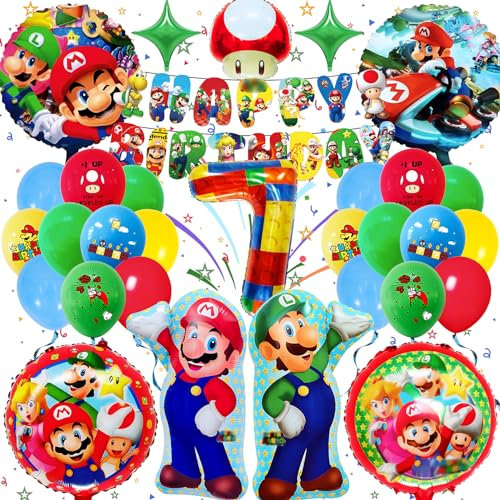 Super Mari Geburtstag Deko 7 Jahre, Gozuein 32 Stück Super Mari Dekoration Geburtstag Mädchen Junge, Mari Geburtstagsdeko Set, Mari Geburtstagsfeier Thema Dekoration mit Super Mari Luftballon Banner
