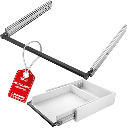 SOTECH VarioSlide Pat. Schwerlastauszug KV2-200-H76-900 EH 900 mm 200 kg | Komplettset Einhandverriegelung schwarz eloxiert für Schubladen ohne Front bis 1200 mm Schubladenschienen Caravan Fahrzeugbau