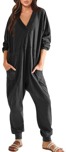 Langärmeliger Jumpsuit für Damen, Baggy-Overall, Pyjama, Übergröße, zierlicher Overall, Damen-Jumpsuits, Größe 42, Strampler, Spielanzug, Sommer-Outfits, ärmellose Overalls, Schwarz , S