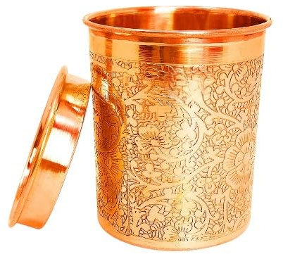 BRACOP® Pure Copper Glass With Lid Water Carafe Drinking Flask Handcrafted Moscow Mule Mug Water Tumbler Set Of 2 Pcs Drinkware Copper Mug For Water, Coctails Serve Ware Copper Utensils