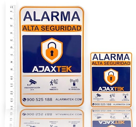 PACK 2 Tamaños cartel alarma AJAX - ES REAL Super Adhesivo y ALUMINIO - Somos empresa venta de ALARMAS Ajax Especial piso Cartel alarma disuasorio Naranja - 14x9cm y 8x6cm - 0,8mm
