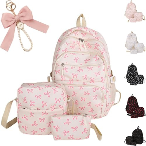 HAXQL Mochila con lazo y lonchera para niñas, 3 piezas bonita mochila escolar Y2K de gran capacidad con estética preppy (Rosa)