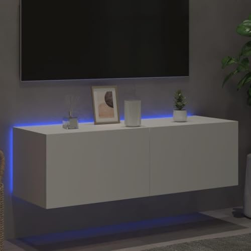 Meuble TV flottant avec lumières LED - Console multimédia moderne de 100 cm - Meuble TV mural pour la plupart des téléviseurs - Design élégant blanc et marron - Parfait pour le salon et les espaces de