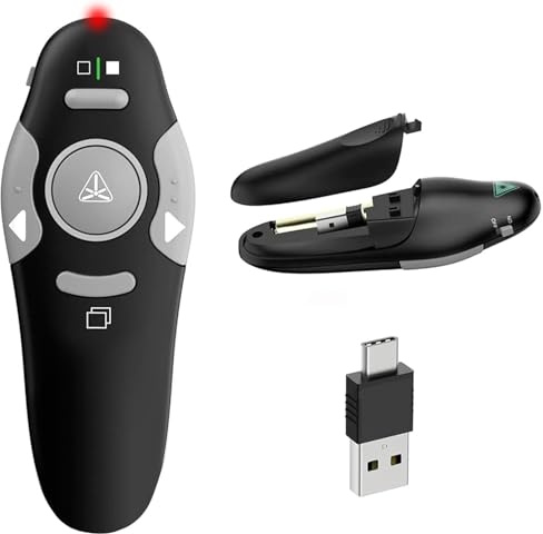 Wireless USB-A & USB-C 2.4 GHz Presenter Remote Clicker for PowerPoint & Slides Plug And Play – Presentation Clicker with Red Laser Pointer, 300m Remote Range Wireless Presenter Clicker for Mac/PC
