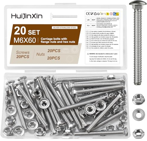 20 Sets M6 Bolt Set, M6 x 60mm Coach Bolts, Cup Square Carriage Bolts and Nuts Set, Stainless Steel Coach Screws, Carriage Screws with Hex Flange Nuts