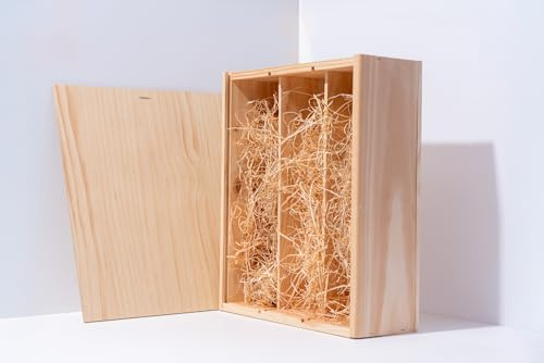 Genérico Caja de vino de madera para 3 botellas – Estuche natural con virutas de madera – Caja regalo para vino – Presentación elegante