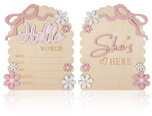 Baby Announcement Sign, Wooden Hello World Newborn Welcome Sign, She’s Here Card, Bow Birth Stats Signs Newborn Photo Prop, Monthly Milestone Wood Double-Sided