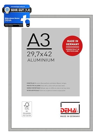 DEHA Design Bilderrahmen, 29,7 x 42 cm (A3), Aluminium, Silber matt, Posterrahmen zum Aufhängen im Hoch- & Querformat, bruchsicheres Kunstglas, Boston