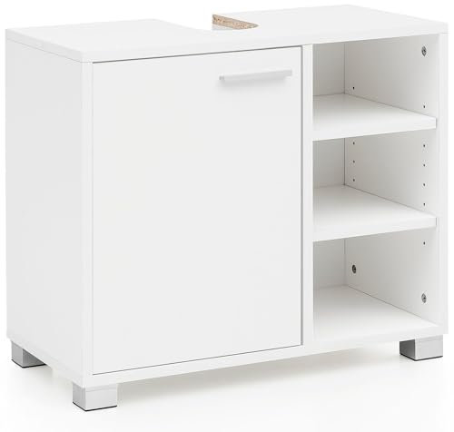 Wohnling Waschbeckenunterschrank 60x55x32cm Weiss Badschrank mit Tür, Unterschrank Waschbecken Badezimmer, Waschtischunterschrank mit Fächerne