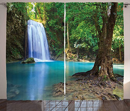 ABAKUHAUS Wasser Rustikaler Gardine, Asien Thailand Jungle Bäume, Schlafzimmer Kräuselband Vorhang mit Schlaufen und Haken, 280 x 245 cm, Türkis Braun