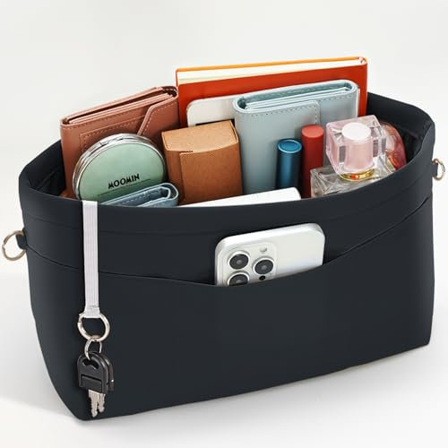 SHINGONE Handtaschen Organizer mit Schlüsselbund Taschenorganizer Wasserdicht, Innentaschen fuer Handtaschen Organizer, Kosmetik Organizer mit Reißverschluss Schwarz -L