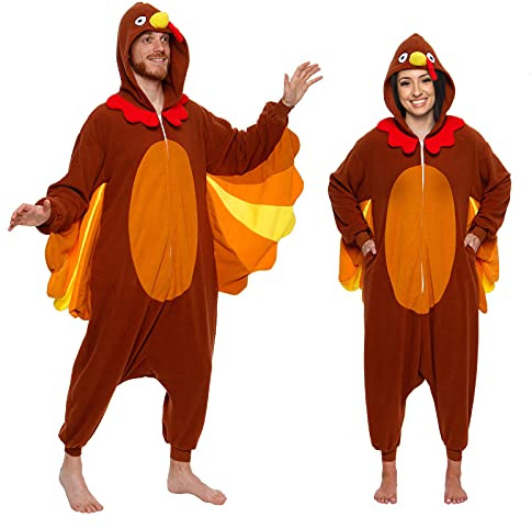 Silver Lilly One Piece Turkey Costume - Unisex Adult Plush Cosplay Animal Pajamas - Brown - Large