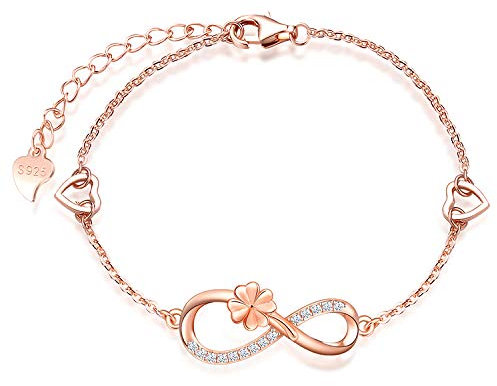 MicLee Bracelet de femme fille, bracelet en Argent 925, bracelet de symbole infini et de trèfle chanceux, avec le cœur creux, Zircon incrusté, Chaîne ajustable, bracelet de fleur