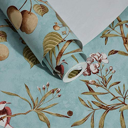 通用 Fruit Tree Flowers Birds Elegant Country Vintage Style Clothing Store Cafe Restaurant Bedroom Living Room TV Background Wall Non-Woven Wallpaper 20.87″Wx393.7″L Non-Pasted (Blue)