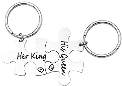 Gualiy Schlüsselbund Ringe 2er Set, Paar Schlüsselanhänger Edelstahl Puzzle mit Gravur His Queen Her King Silber Schlüsselkette Anhänger