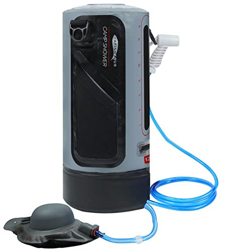 KIWZXKA 15L Campingdusche Mit Pumpe, Tragbare Campingdusche Warmwasser, Outdoor-Solardusche-Zubehör Mit Schlauch, Druckfußpumpe Und Duschkopf Zum Wandern, Automatische Heizung