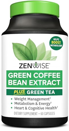 Zenwise Health EGCG Green Tea Extract Capsules with Coffee Bean Extract - 50% EGCG + 98% Polyphenols Supplement - Green Tea Pills for Skin and Heart Support + Brain Health and Memory Boost - 60 Count