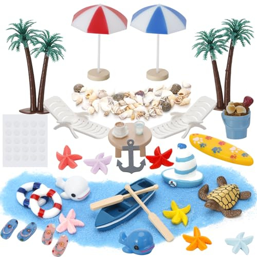 Jostift 32 pezzi da spiaggia, mini sedia da spiaggia, ombrellone da spiaggia, piccola palma, decorazione estiva da giardino, set in miniatura, decorazione fai da te, decorazione da giardino