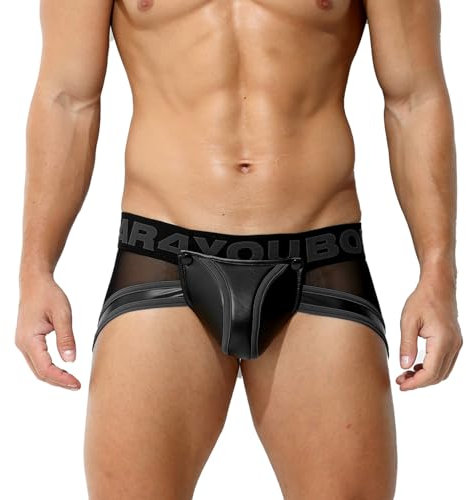 Bodywear4you Herren Leder Fetisch Brief Slip Netz-Latex-Optik Codpiece mit Reissverschluss Männer Maskuline Pant (DE/NL/SE/PL, Alphanumerisch, S, Regular, Regular, Schwarz)