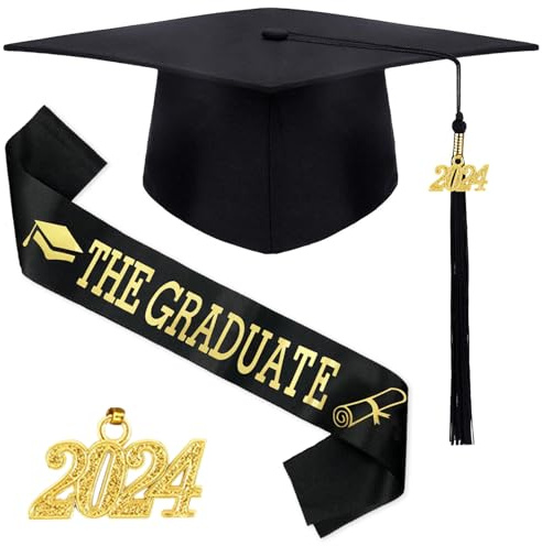 Atuoxing Bachelor Geschenk, Abschluss Hut 2024 Anhänger Quaste mit Schärpe Schwarz, Unisex Verstellbar, Bachelor Hut für Abschlussfeiern vom Studium, Abitur, Hochschule, Universität