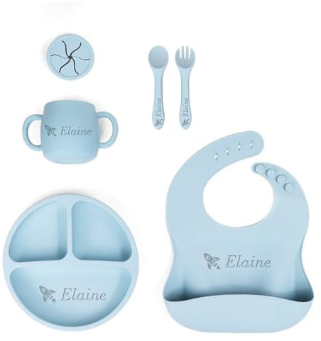Personalisiertes Geschirr aus Bio-Silikon, 5-farbiges lebensmittelechtes Silikongeschirr, individueller Name, verstellbarer Silikonzaun und ein Snackbecher mit Deckel (lblau)