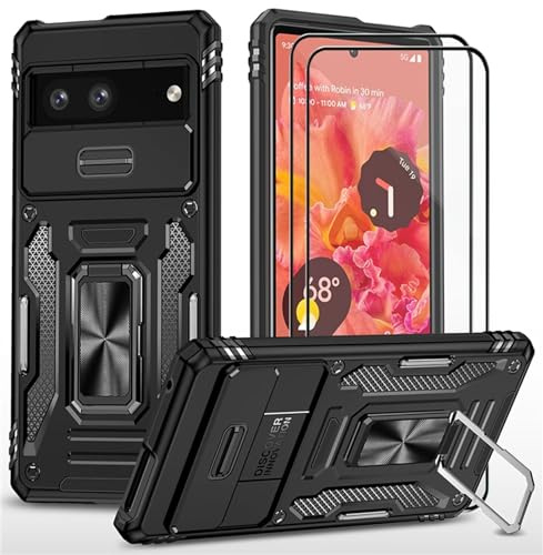CLYDITE Hülle für Google Pixel 7 handyHülle mit Slide Camera Gehärtetes Glas Schutzfolie [2 Stück] Schützen Ständer Silikon Rüstung Hardcase Stoßfeste Hüllen-Schwarz