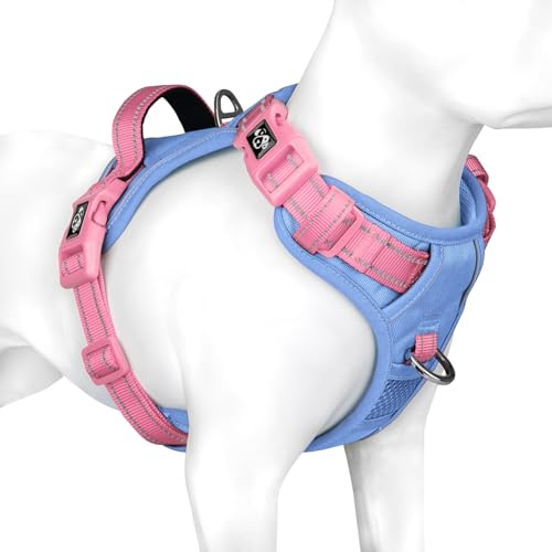 PHOEPET Dog Harness Large Dog, No Pull Vest with Handle, Reflective Strap | (Baby Blue Base & Pink Straps,L),Easy to Wear & Fully Adjustable, 2 Metal Clips, Quick-Release Buckles