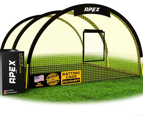 Apex Sports Portable 22ft x 12ft x 8ft Baseball & Softball Batting Cage with Pitching Machine Hole, 3ply 1.25'' Yellow Netting, Secure Steel Poles, 12.7MM Fibreglass Poles, Carry Bag Included