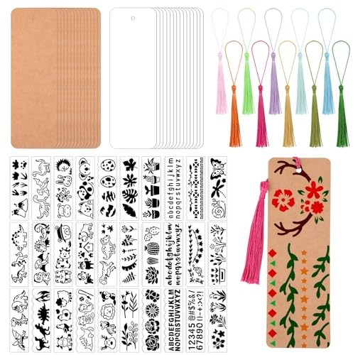 JSRQT 30Stk Blanko Lesezeichen Set, Lesezeichen Karton aus Papier für Lesefreunde, Bookmarks Einschließlich Weißer und Brauner Leerer Etiketten, Zeichenschablonen, Quasten, für DIY Projekte Geschenk