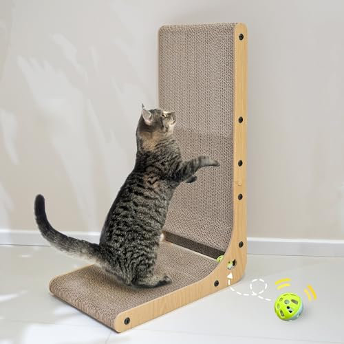 PETKARAY Kratzbrett Katzen, Katzenkratzbrett in L-Form für Katzen, Bodenmontierte Kratzpappe mit Spielzeug