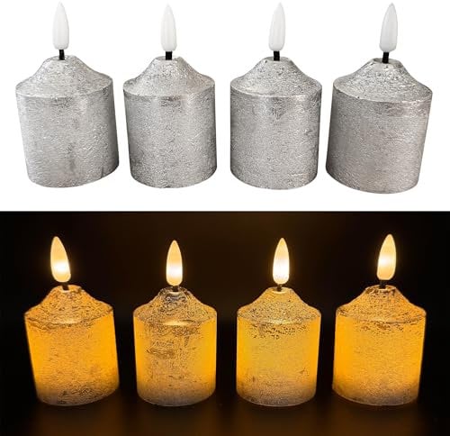 Online Fuchs 4er Set LED-Votivkerzen, Teelichter XL aus Echtwachs mit Timerfunktion im Metallic-Look und realistischer Flamme - 9 cm groß (Taubenblau)