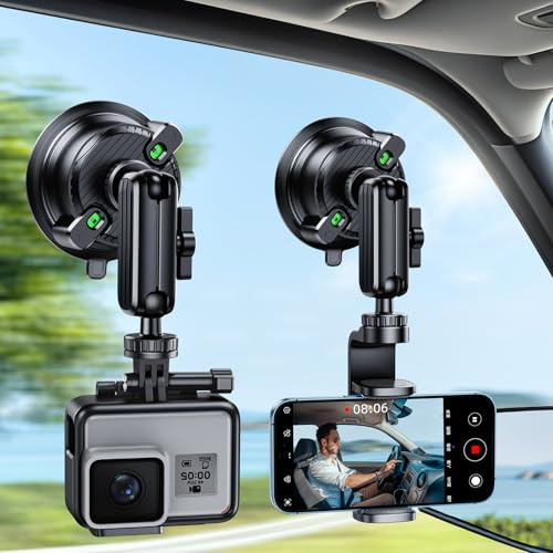 xuenair Car Phone Holder for Video Recording Vlogging Filming, Camera Fit | Strong Suction Cup Phone Mount for Windshield Wall, Adjustable & Rotatable, Universal 1/4 Screw for iPhone GoPro Insta 360